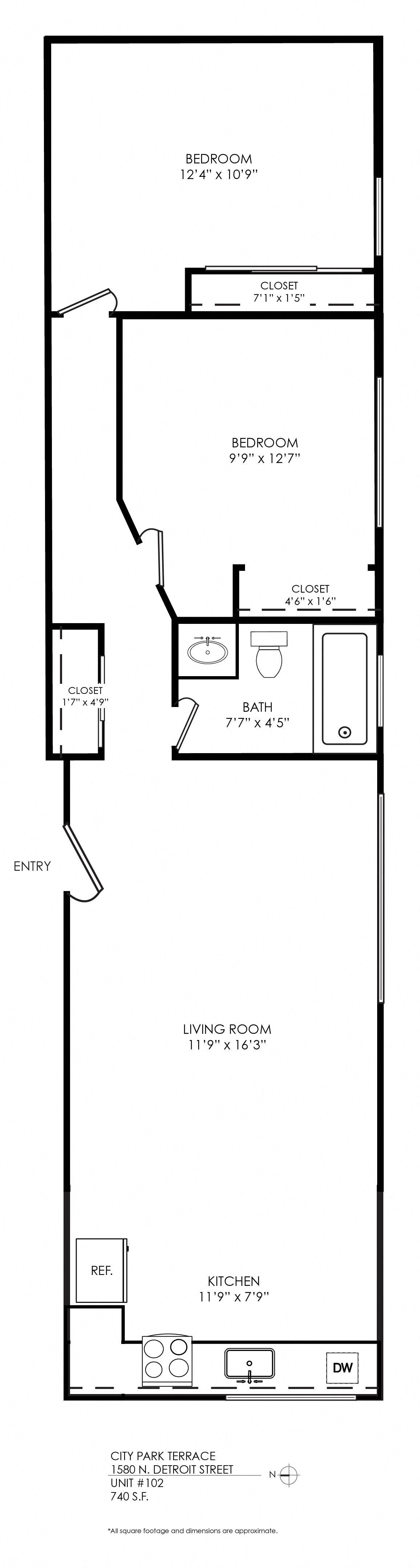 Floor plan for 2 beds, 1 bath, 740 sqft